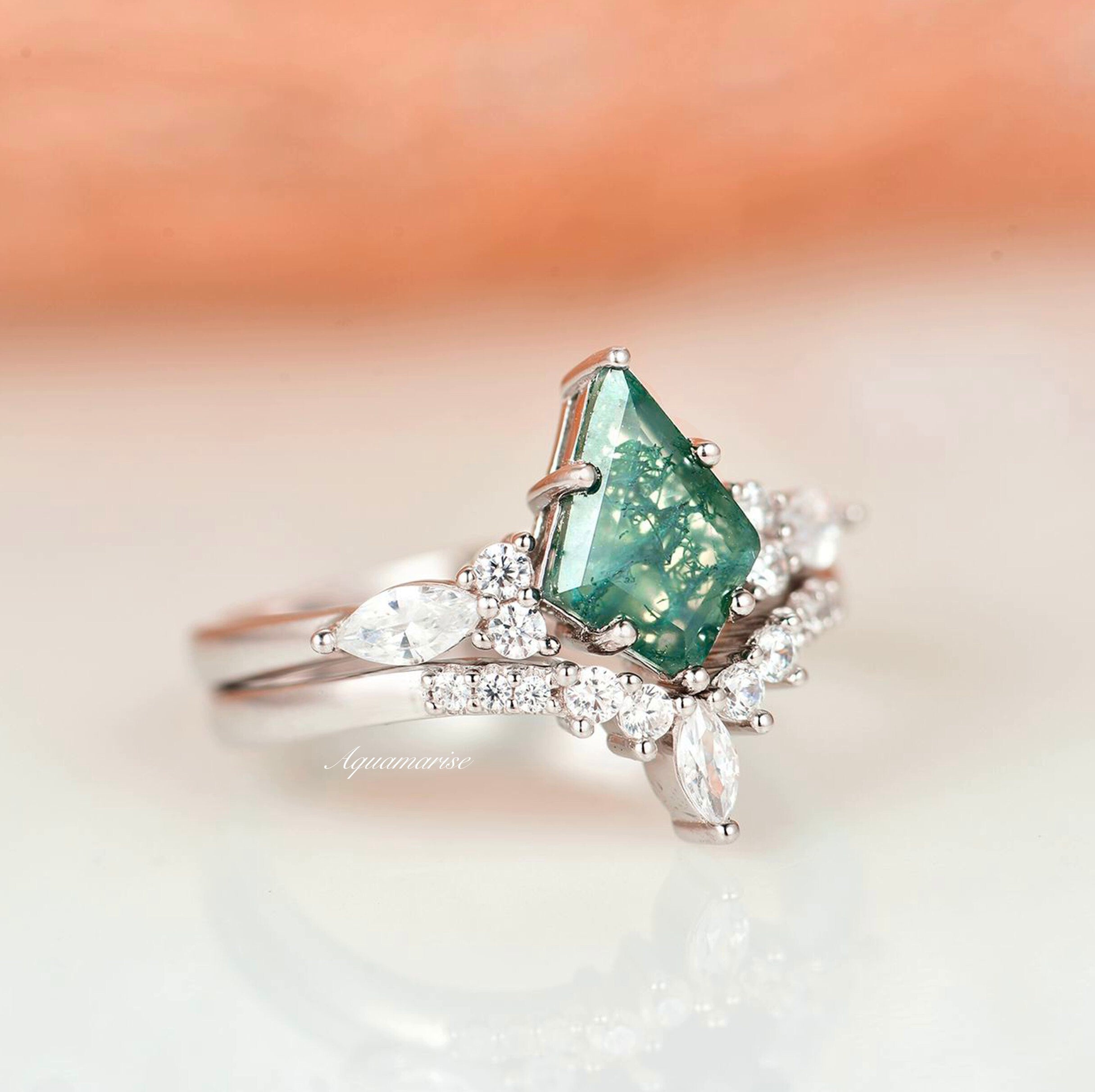 Skye Kite™  Green Moss Agate Engagement Ring Set- 14K White Gold