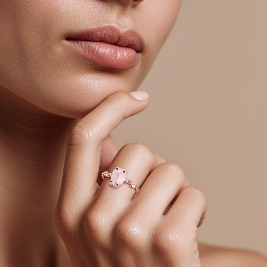 S925 Sterling Silver Plated 18K Rose Gold Pink Quartz Ring