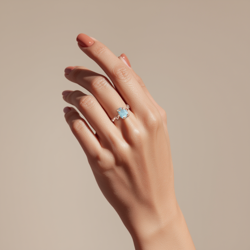 S925 Sterling Silver Plated 18K Rose Gold Aquamarine Ring